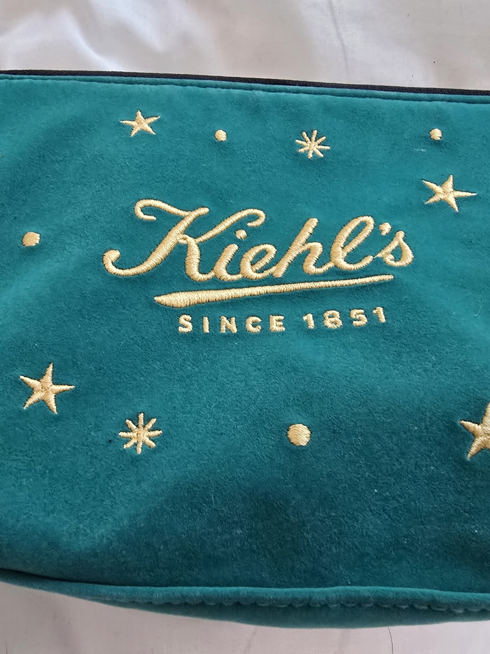 Kiehl's Teal Velvet Cosmetic Bag with Gold Embroidery